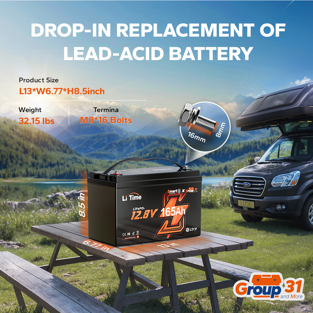 LiTime 12V 165Ah Smart Bluetooth Group31 LiFePO4 Lithium Battery For RV Marine