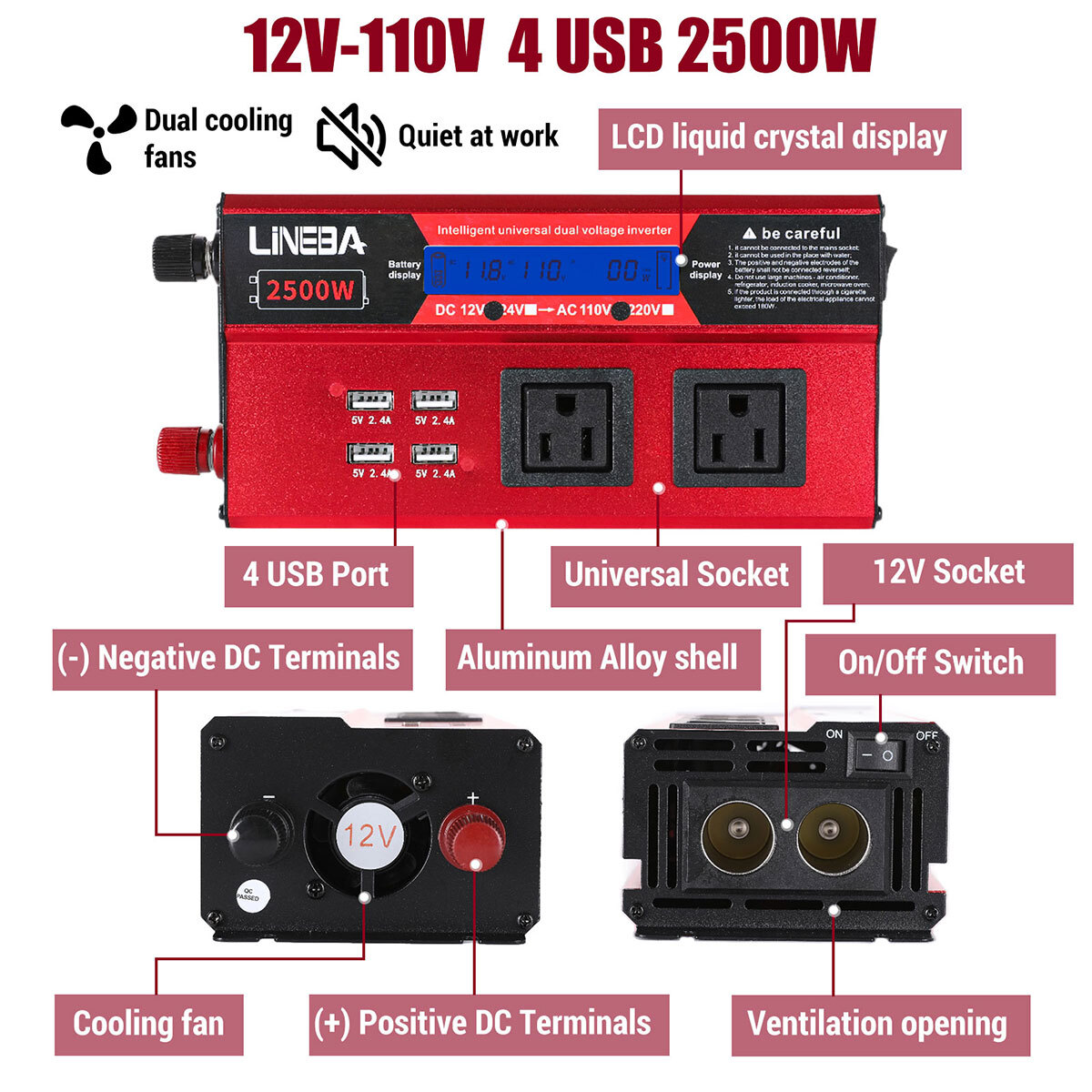 1500W 2500W 5000W Power Inverter 12V To 110V 120V Converter For Boat Car Camping