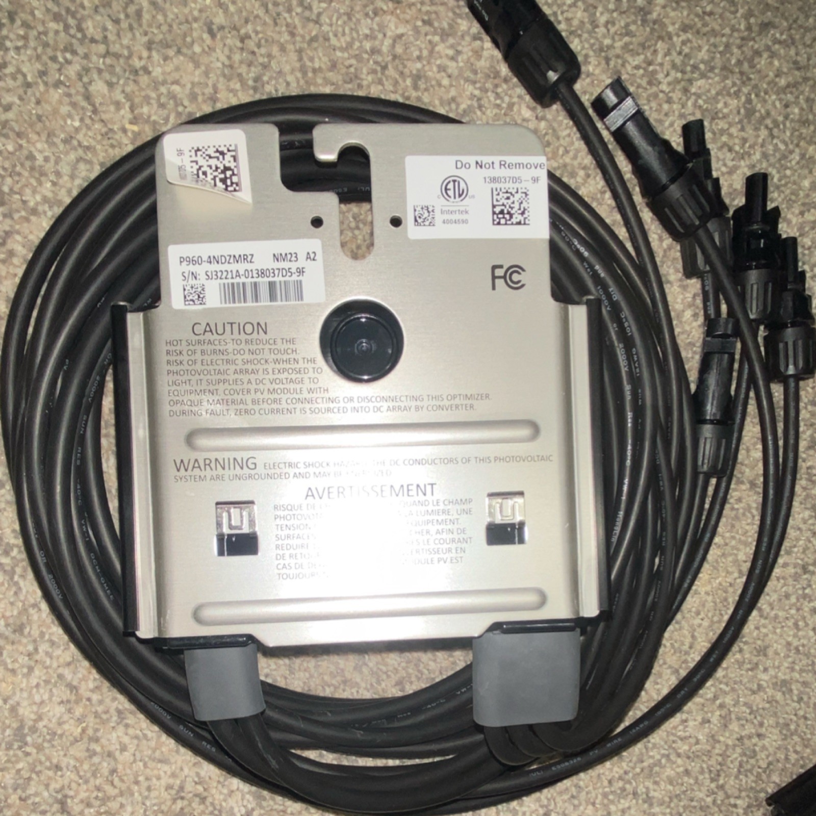 Solaredge P960-4NDZMRZ Power Optimizer 80V 18A MC4 ETL FCC Hot Surface Warning