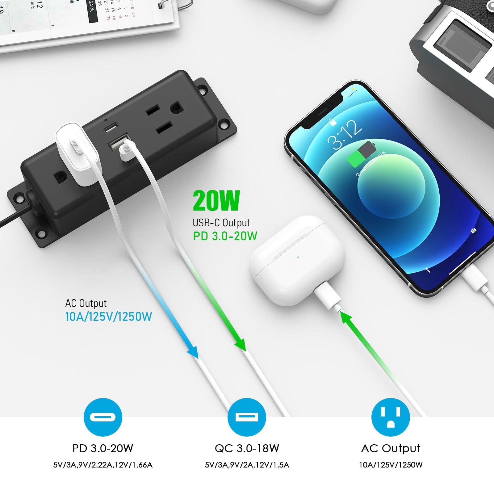 Black Wall Mount Power Strip with USB Ports Under Desk 6 Ft