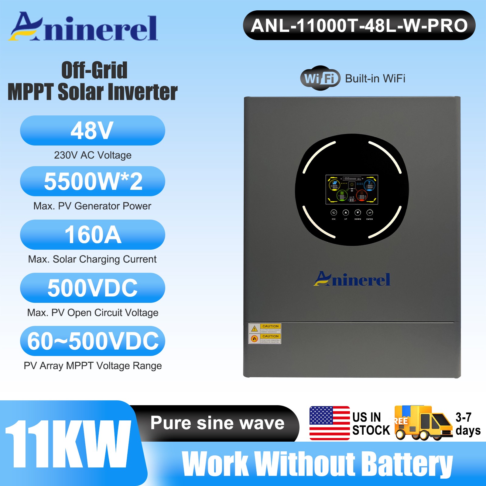 11KW 48V HYBRID SOLAR INVERTER OFF-GRID DUAL MPPT 160A CHARGER CONTROLLER 230Vac