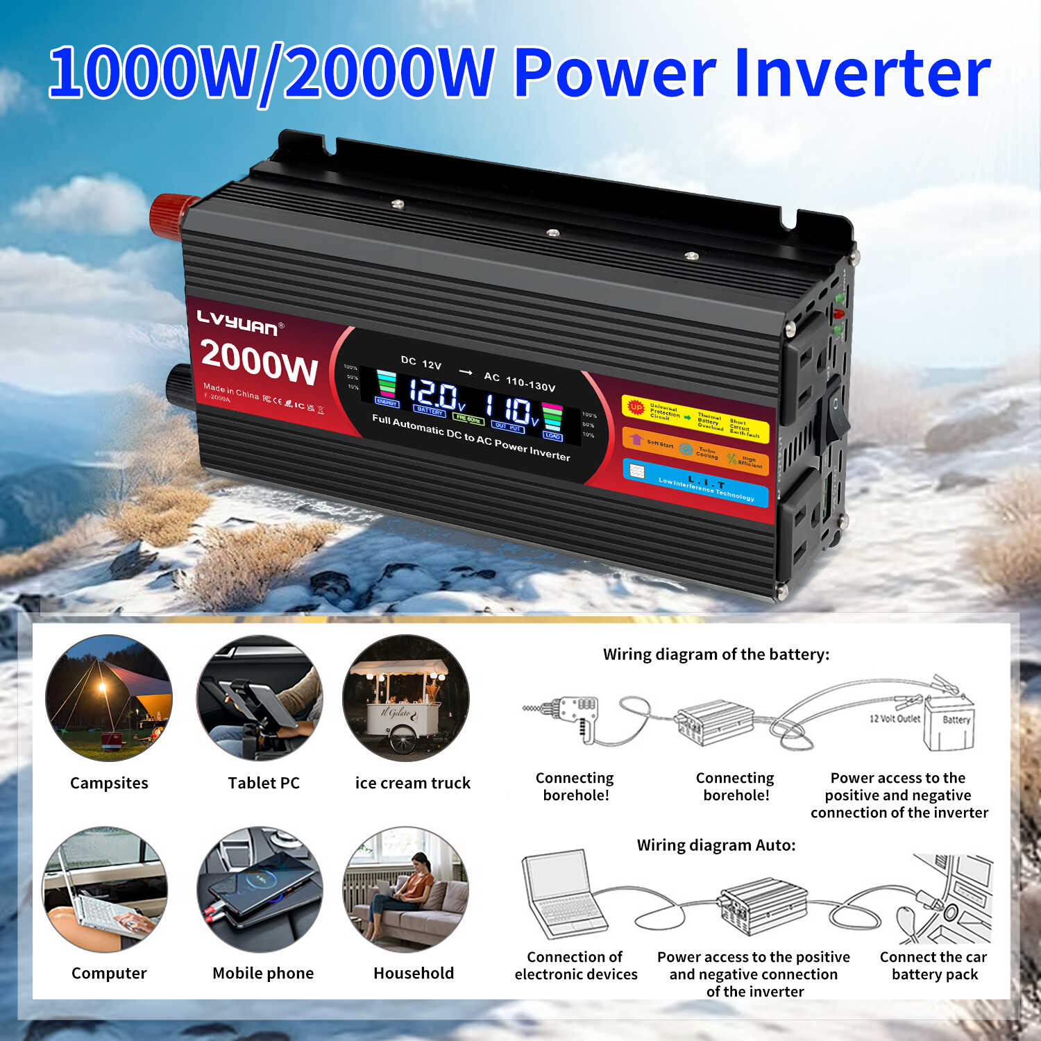 1000W 2000W Power Inverter 12V to 120V LCD 2AC 2USB Car 150W-Adapter Converter