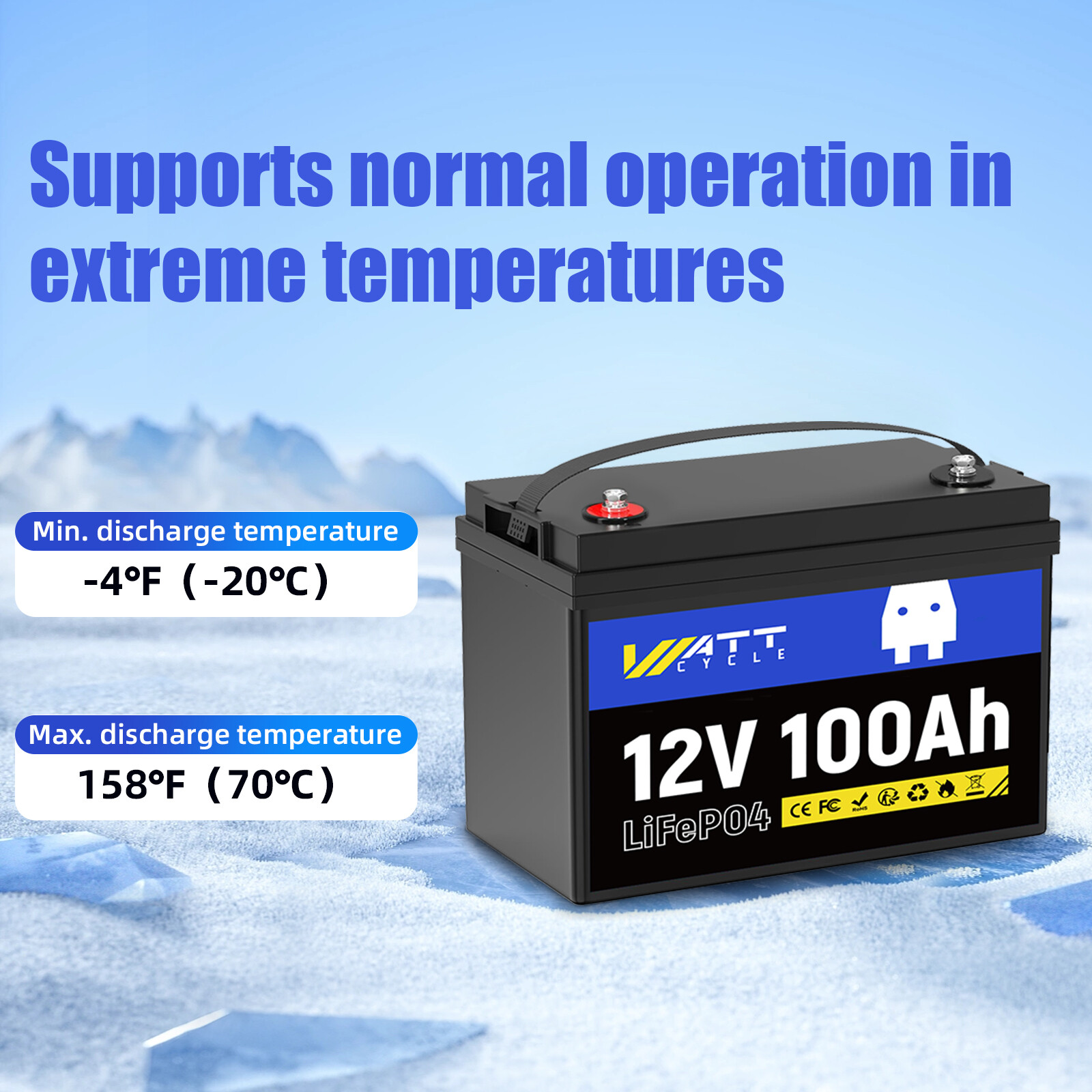 WattCycle 12V 100Ah LiFePO4 Lithium Battery Deep Cycle for Solar Trolling Motor