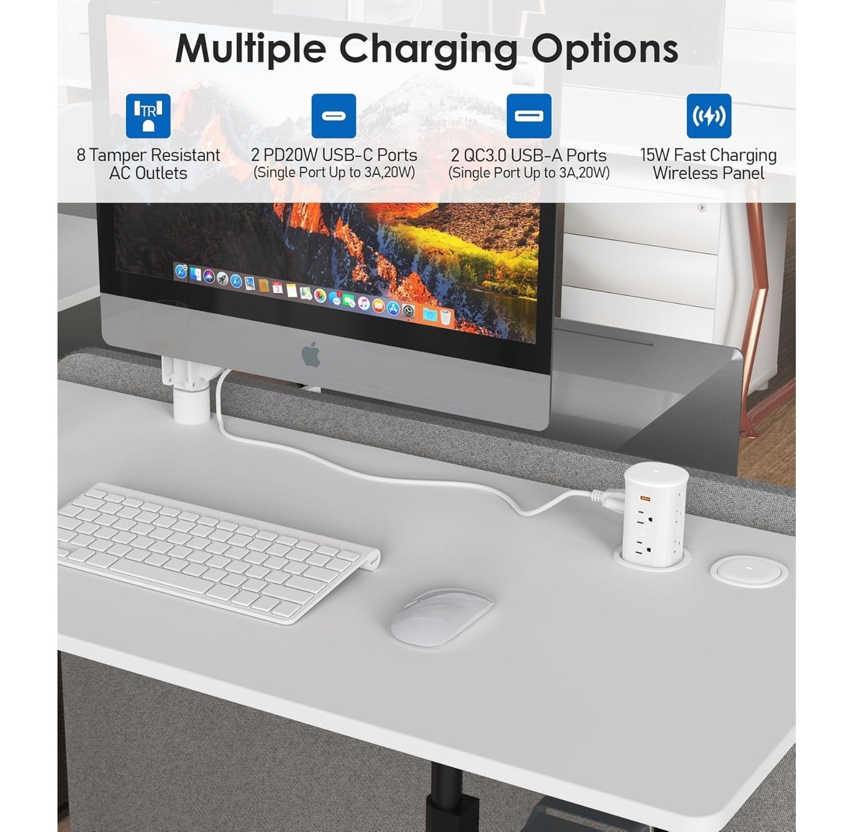3″ Pop-Up Countertop Outlet 4 USB 15W Wireless Charger 20W PD ETL Listed White