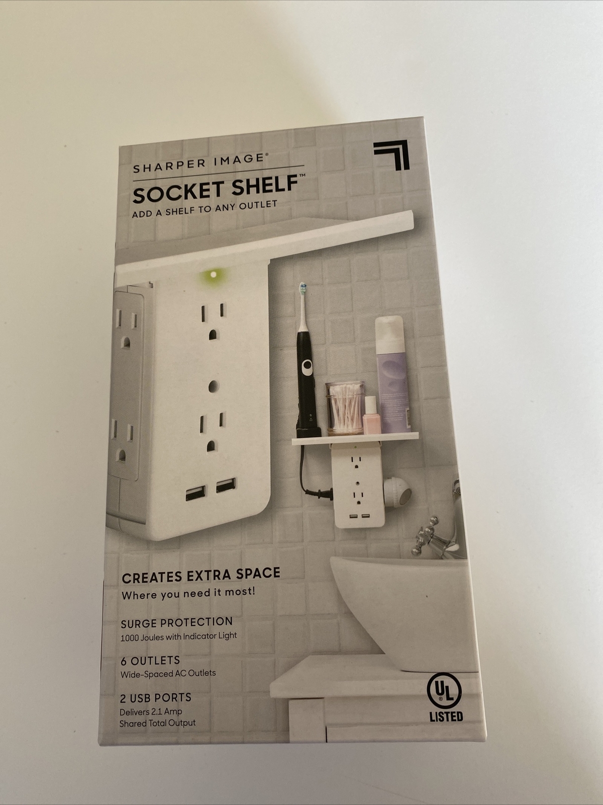Sharper Image Socket Shelf 8 Port Surge Protector Wall Outlet, As Seen On TV