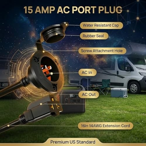 15A AC Port Plug, 125V 14AWG RV Shore Power Inlet with Waterproof Electrical