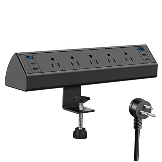 Desk Clamp Power Strip USB C,40W Total 5 Outlets & 6 USB Ports – 40W Black