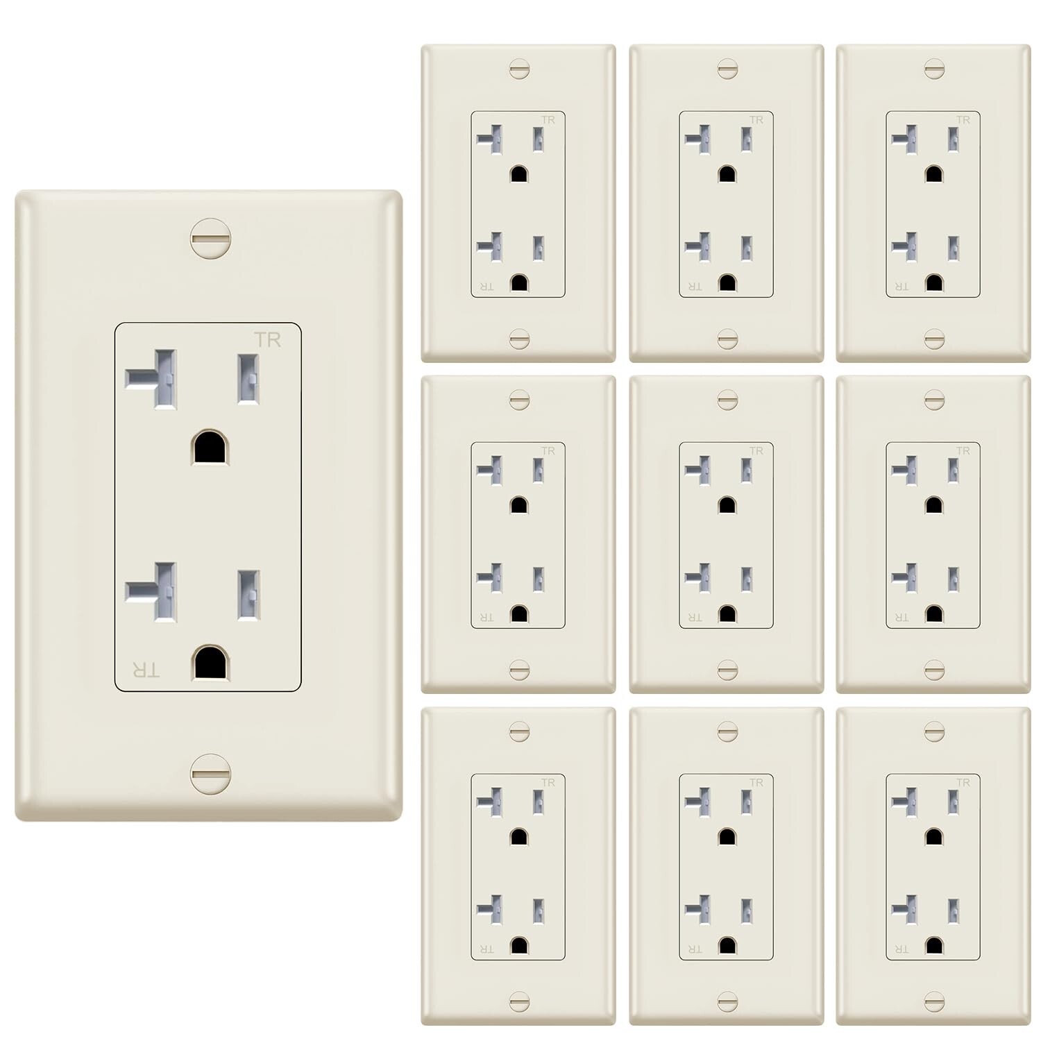 10pack Ivory Outlet Socket, Decora Duplex Receptacle, 20 Amp 125 Volt With Plate