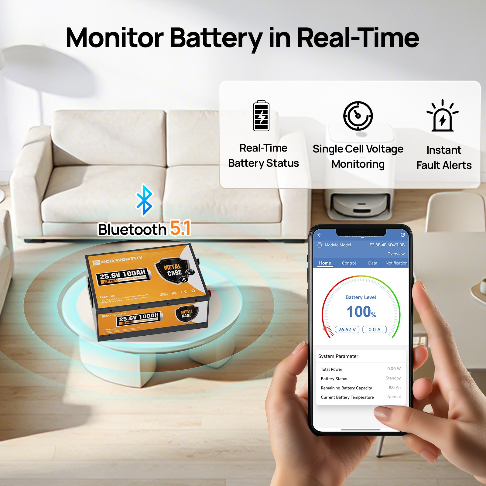 ECO-WORTHY 24V 100Ah Metal Case LiFePO4 Lithium Battery with BT 5.1 For Home