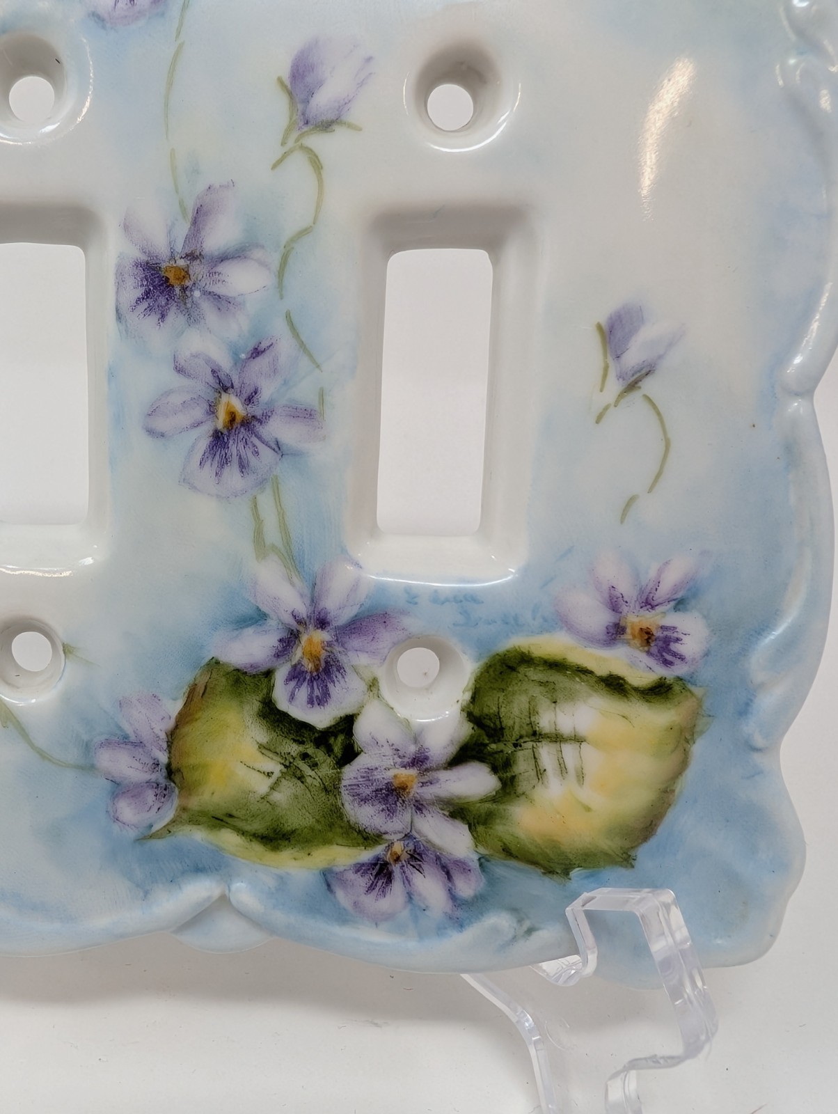 VTG Hand Painted Violets China Double Toggle Light Switch Plate Scalloped SIGNED