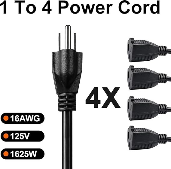 4 Way Power Splitter – 1 to 4 Cable Strip With 3 Pronged Outlet By Luxury Office