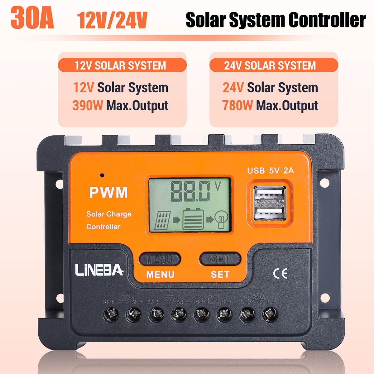 30A PWM Solar Charge Controller, 12V/24V Solar Panel Regulator for AGM Lithium