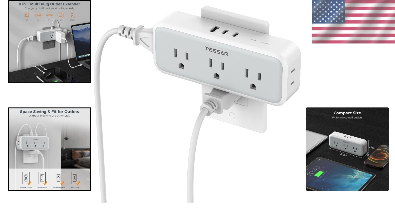 5-Outlet Surge Protector Wall Charger with 3 USB Ports – Ideal for Home & Office