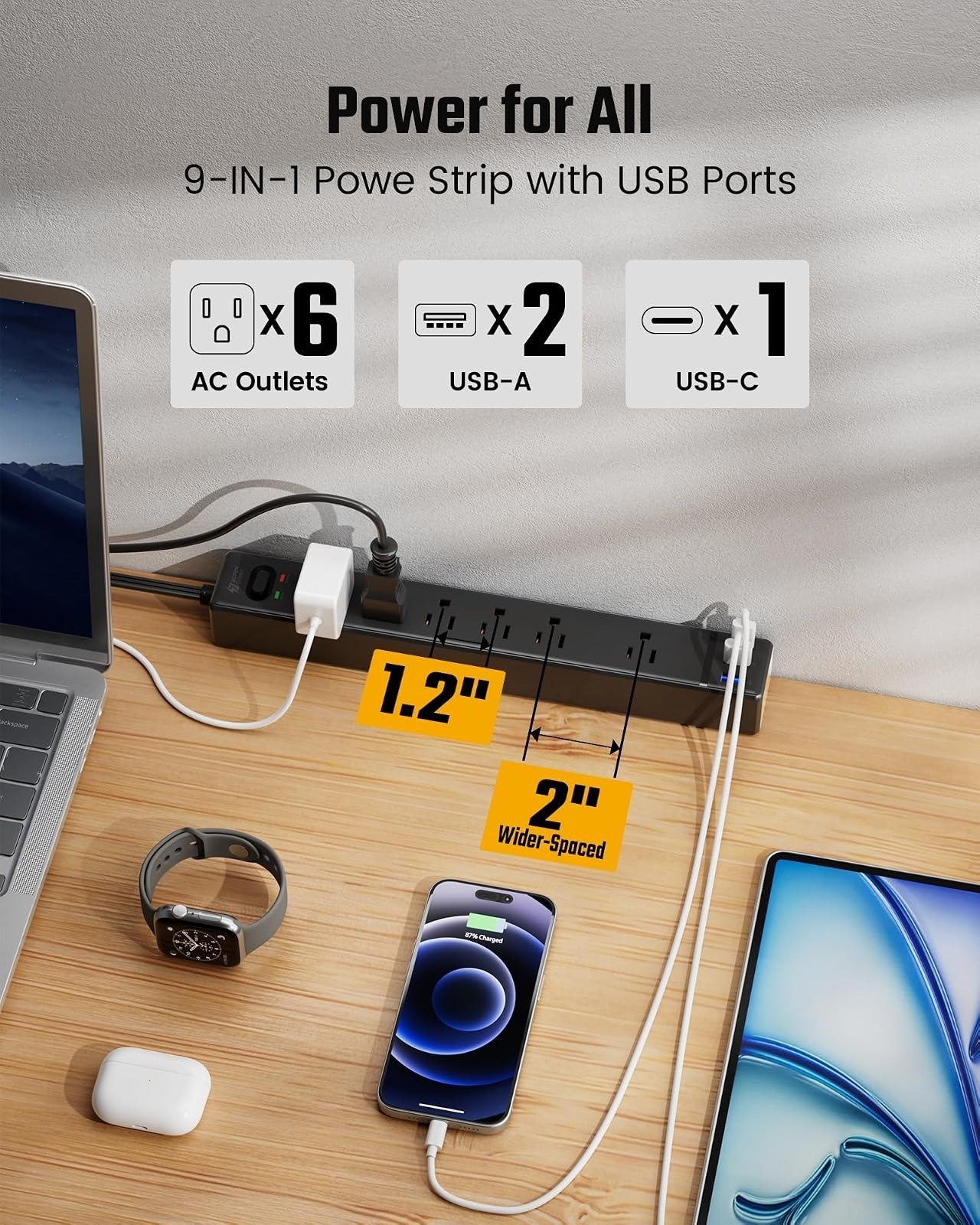 SUPERDANNY 10Ft Surge Protector Power Strip with 6 Outlets & 3 USB