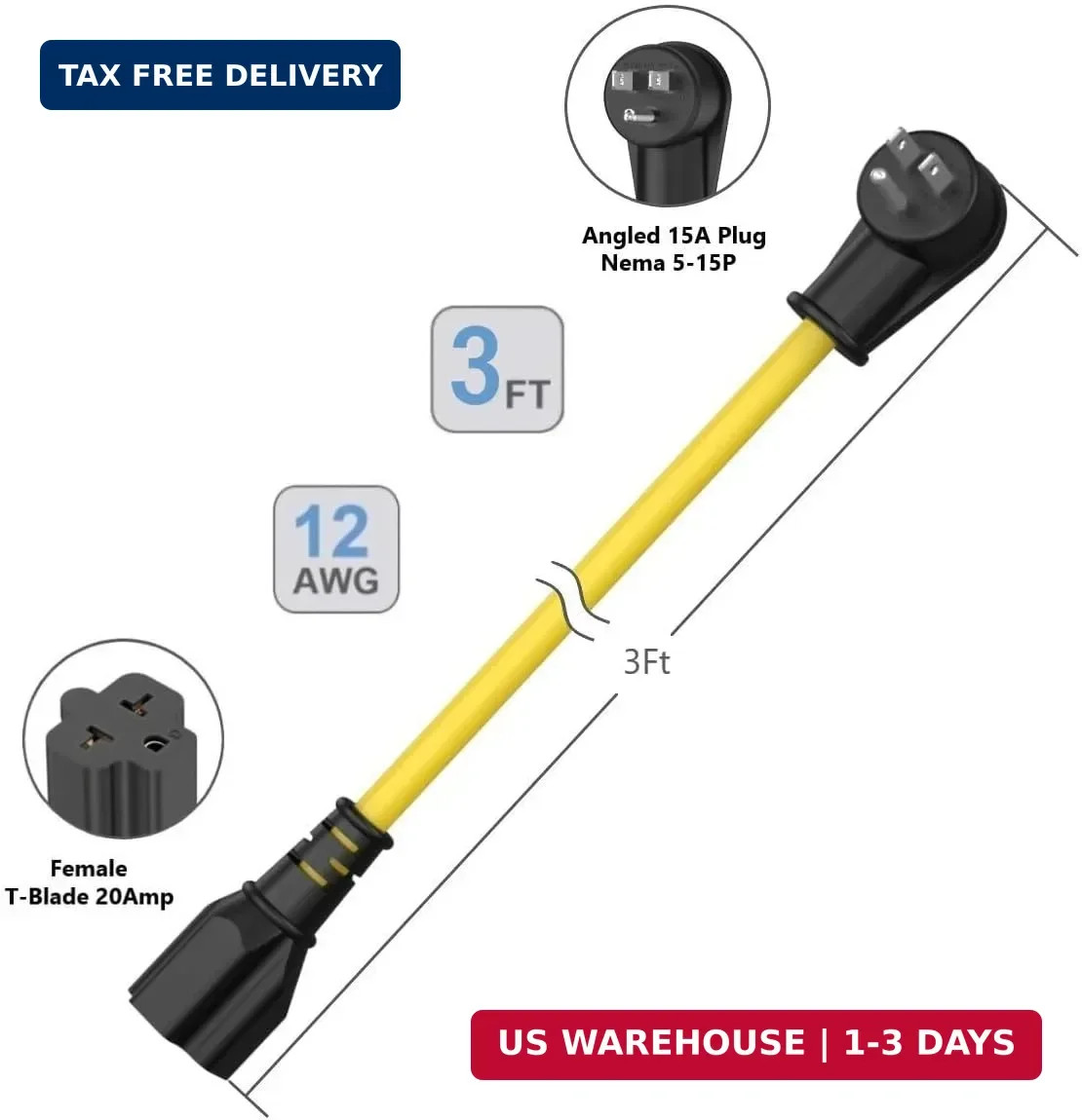 3FT 12AWG Heavy Duty Right-Angle Extension Cord 90 Degree 15-amp to 20-amp, 15Am