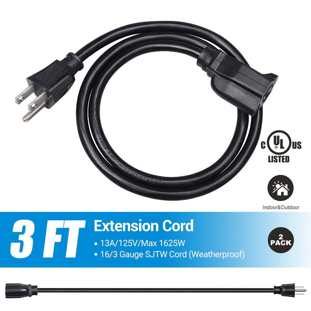 DEWENWILS 2 Pack 3 ft Extension Cord Power Cable 3 Prong Grounded Outlets Plugs