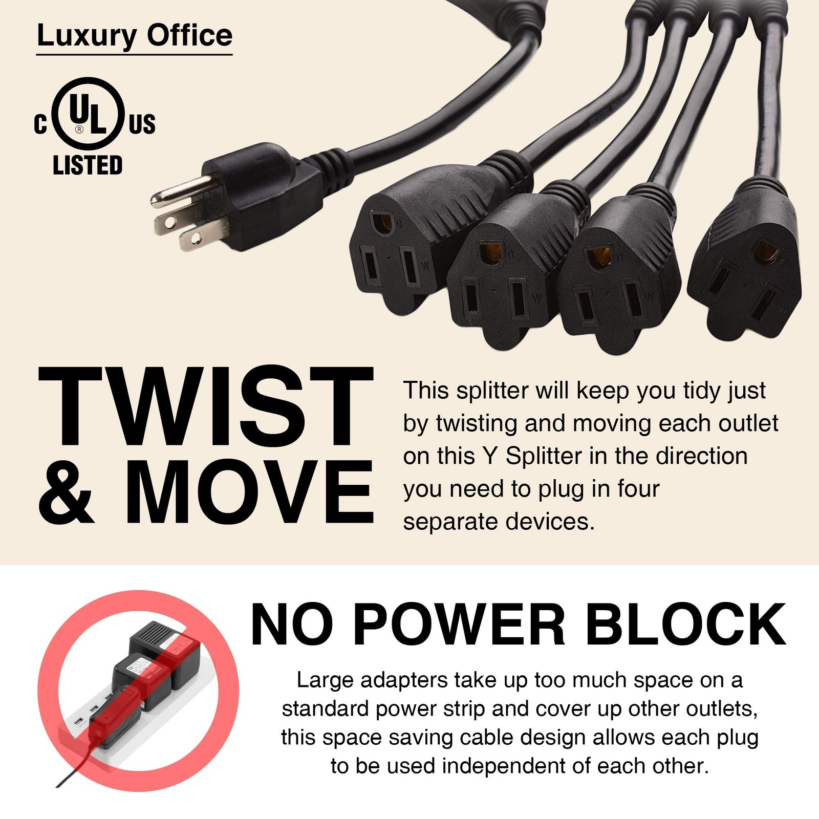 4 Way Power Splitter 1 To 4 Outlet 6 Ft Long Black SJT 16 AWG Extension Cord