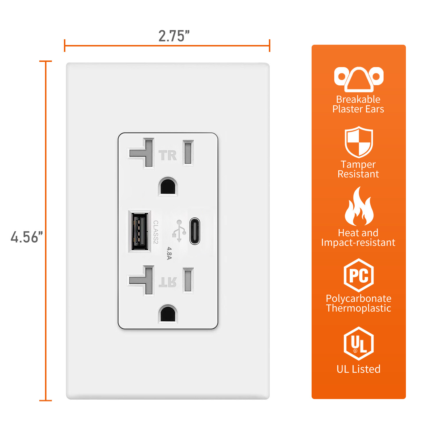 Smart Fast USB Type C 4.8A Wall Outlet Dual High Speed Duplex Receptacle 20 Amp