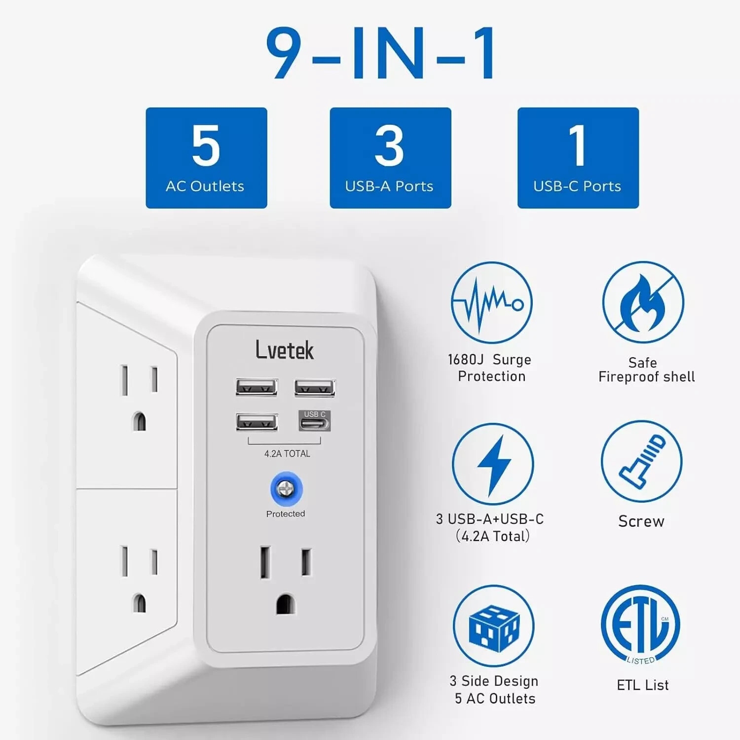 5 Outlet Extender Multi Plug Wall Outlets with 4 USB Charging Ports (1 USB C Out