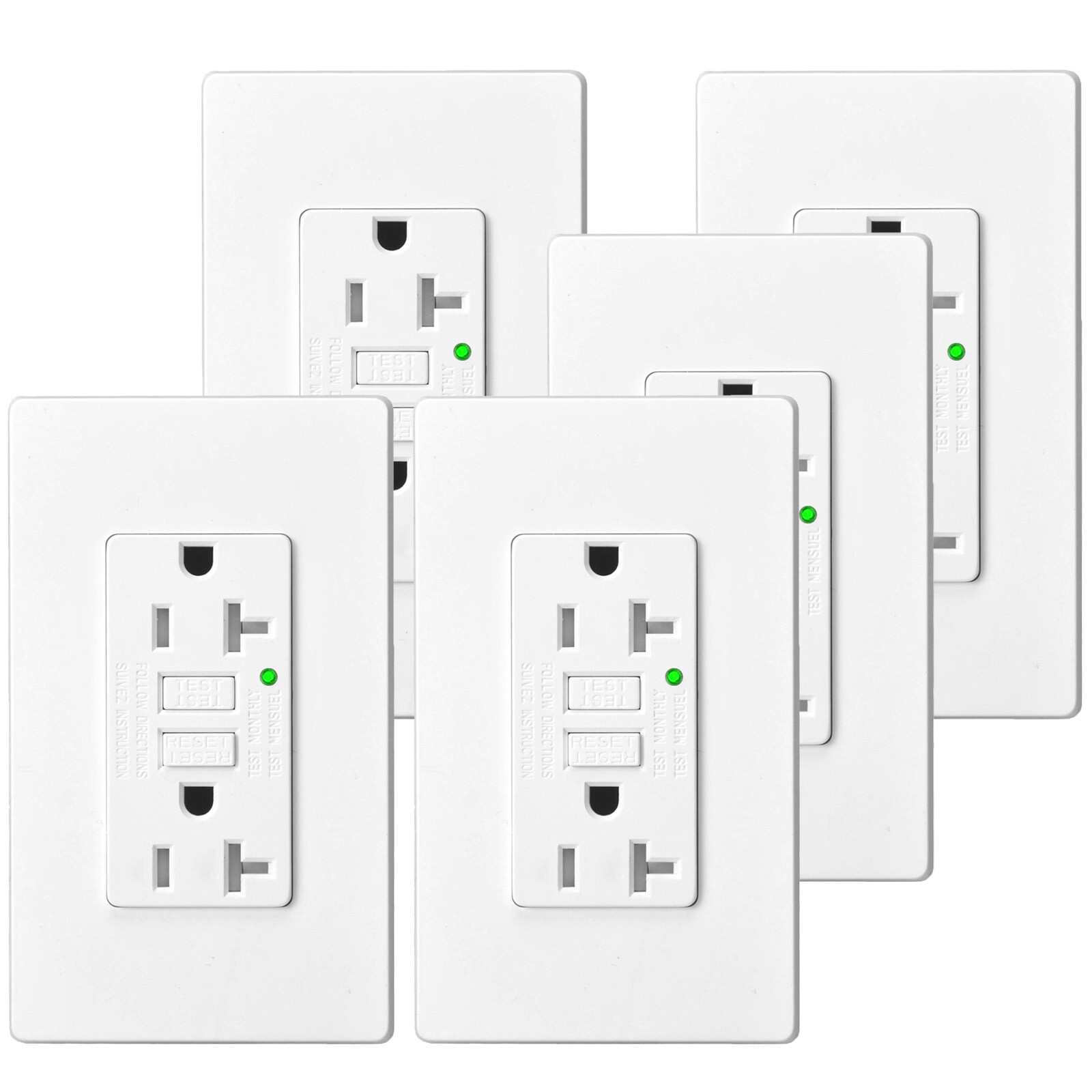 20 AMP GFCI Outlet GFI Duplex Receptacle with LED Indicator Wallplate Non-TR 5PK