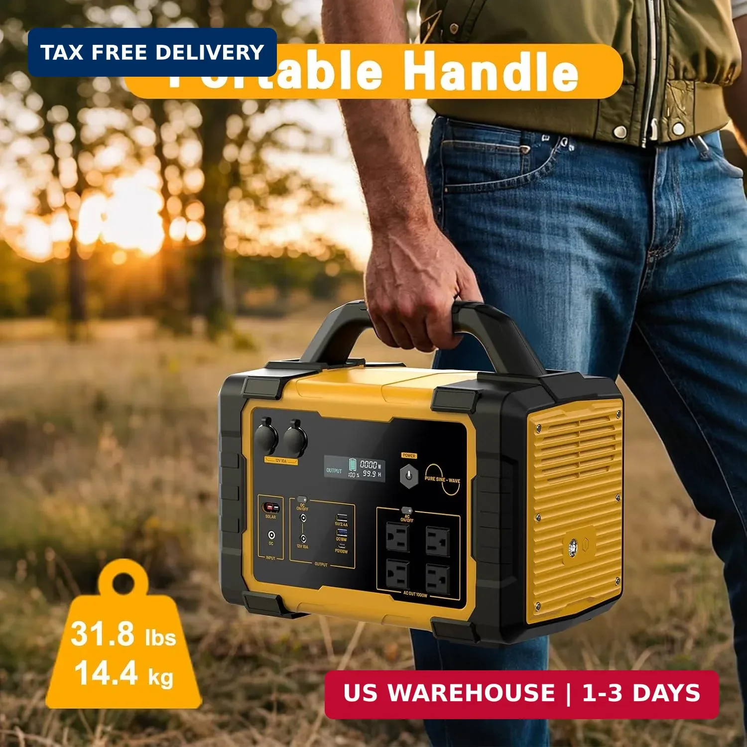 1000W Portable Power Station 1024Wh LiFePO4, (2000W Peak) Backup Battery, Solar