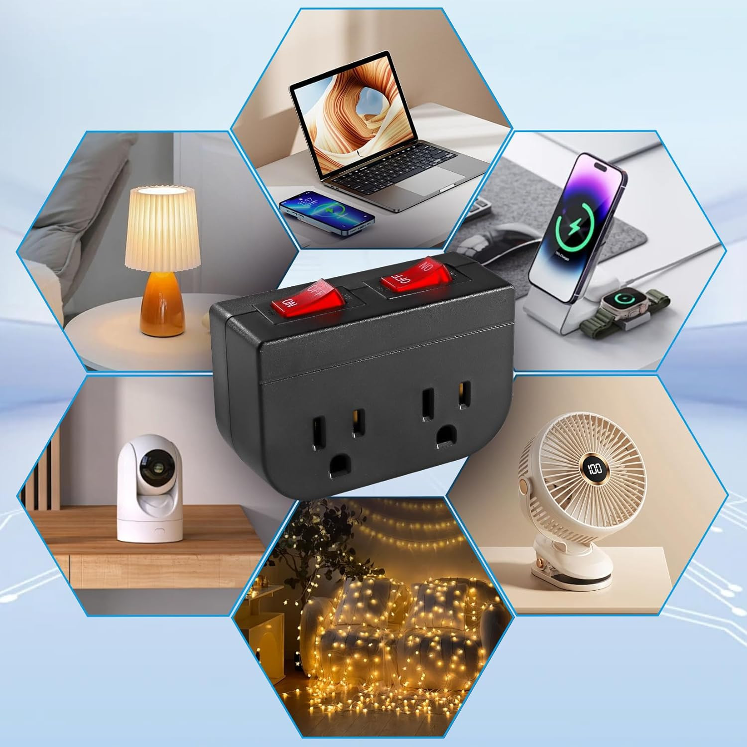 Dual On/Off Switch Grounded Outlet 2-Port Plug Adapter 15A 1875W ETL Black 1PK