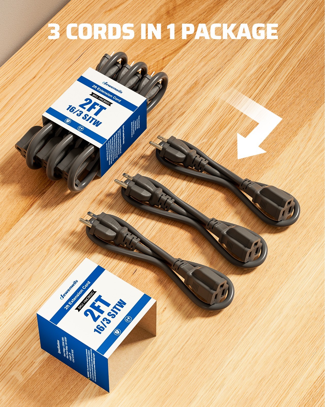 DEWENWILS 3-Pack 2FT Heavy Duty Extension Cord, 16 AWG SJTW Weatherproof