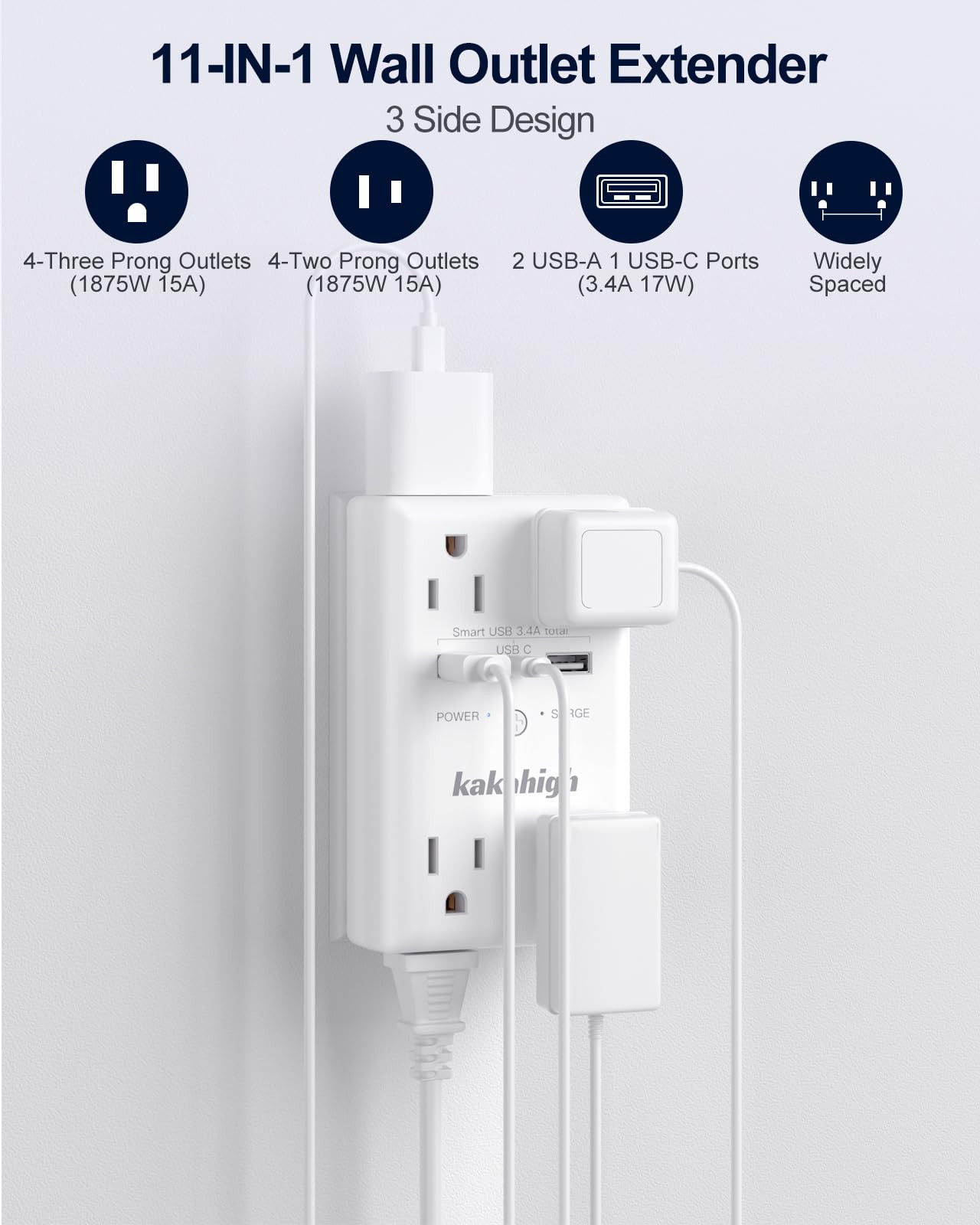 Wall Outlet Extender with Screw 8 Way Outlets with 1680J Surge Protected Mult