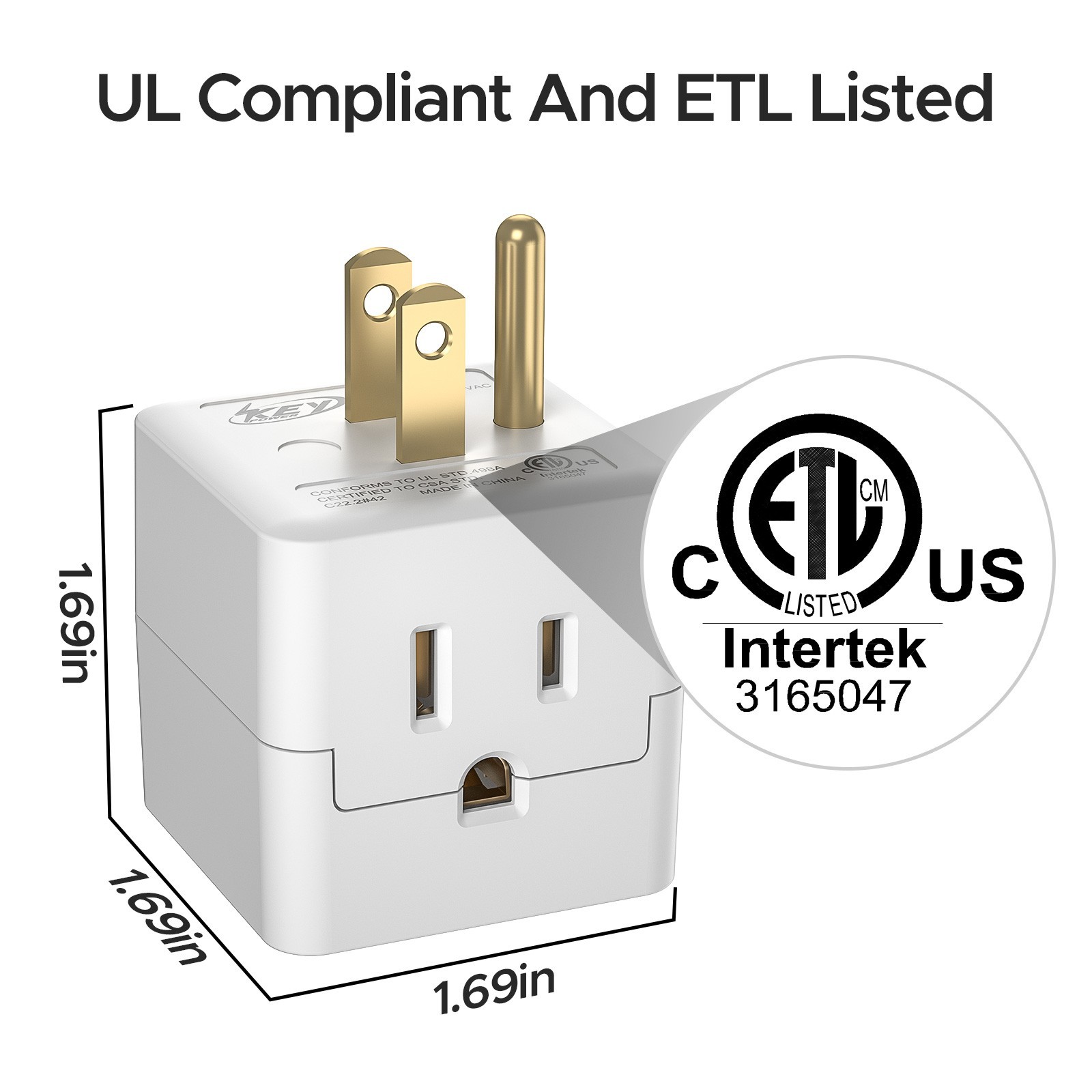 [ETL Listed] 3 Outlet Extender Indoor Grounded AC Power Wall Tap Adapter Plug