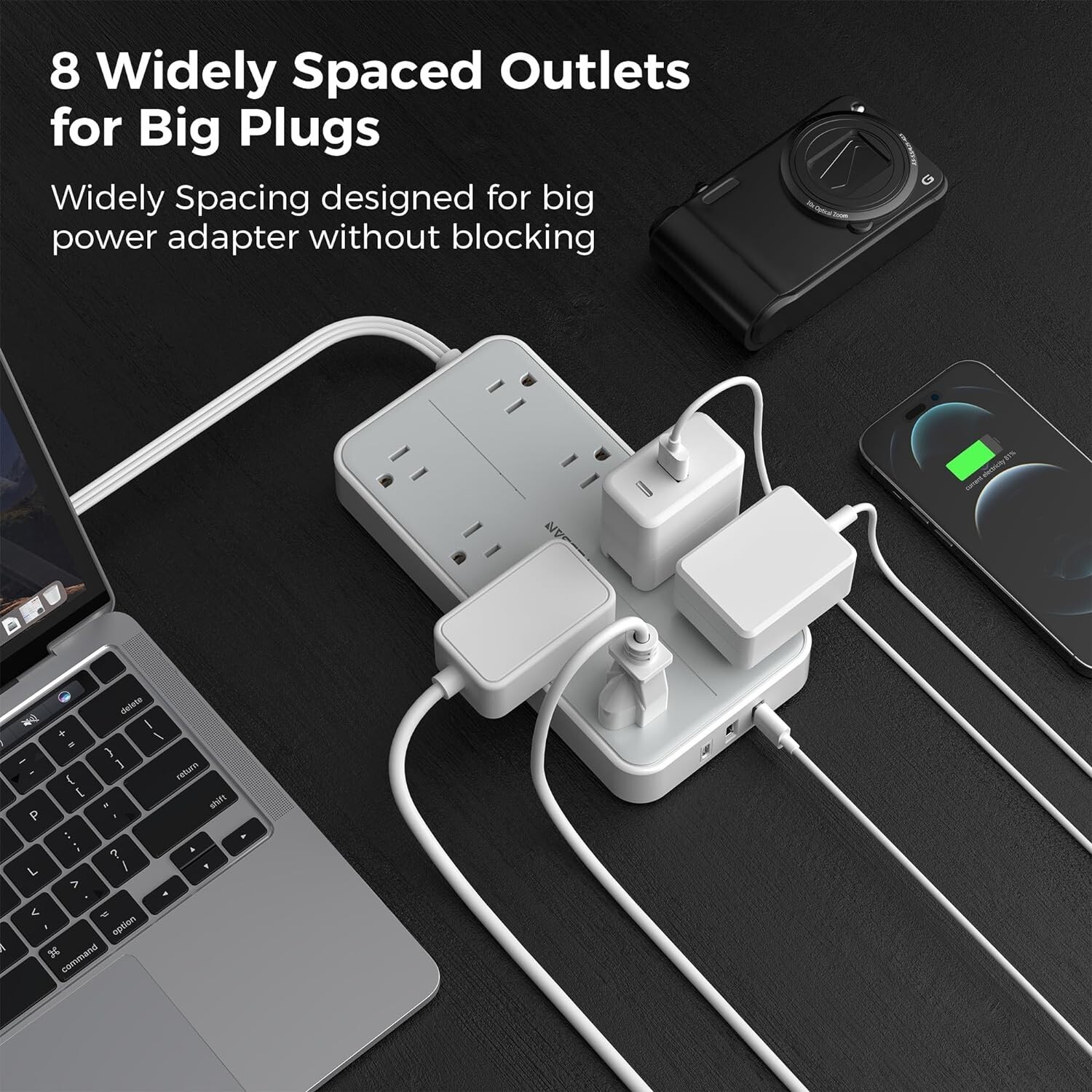 Multi-Port Charging Station 10FT Extension Cord with 8 Outlets & USB Ports