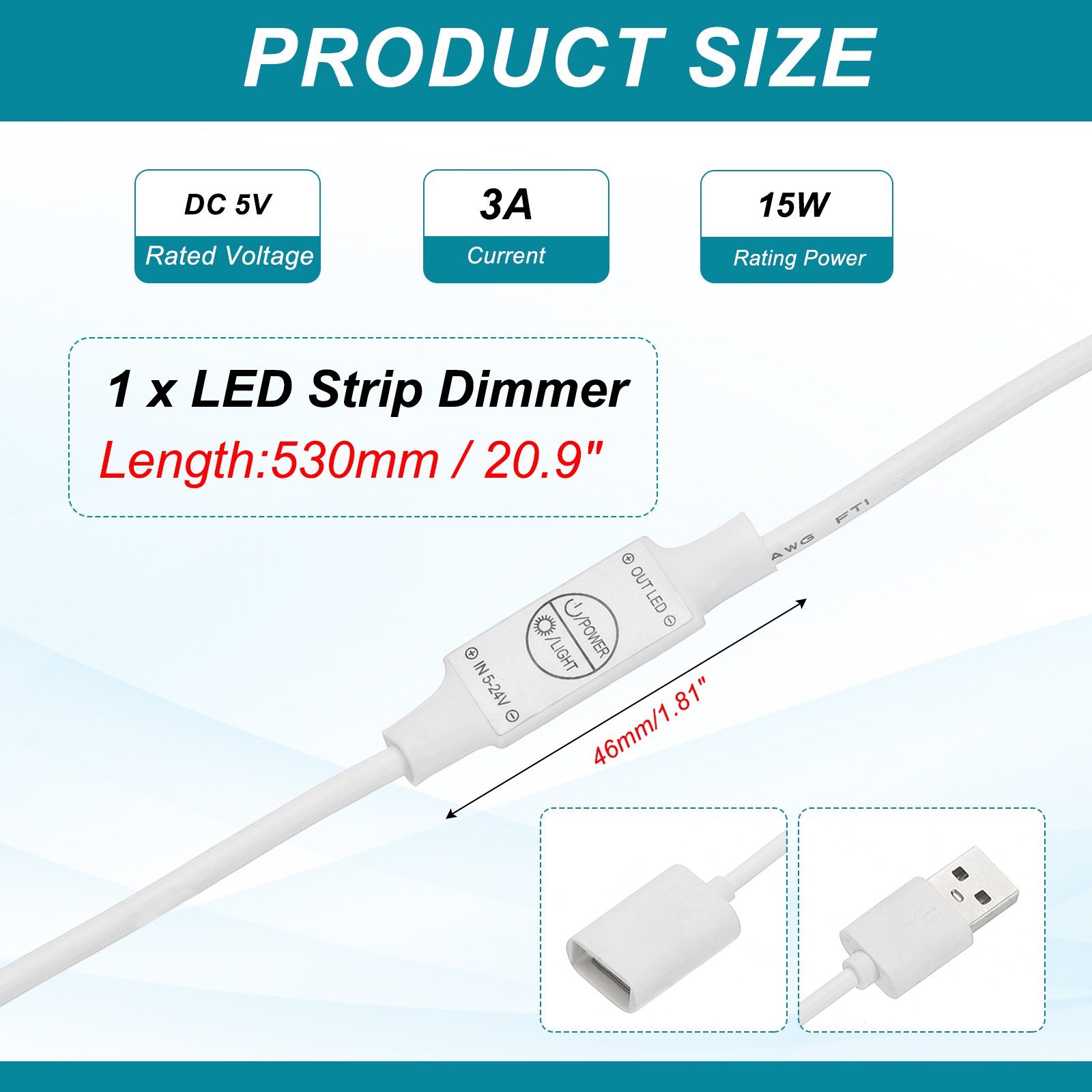 LED Strip Dimmer DC 5V 3A Stepless Brightness Controller USB Switch White