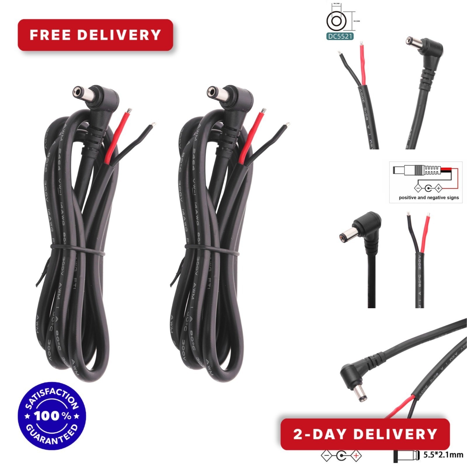 Jienk 2Pcs 3FT 14AWG DC5.5mm x 2.1mm Right Angle Power Pigtails Cable