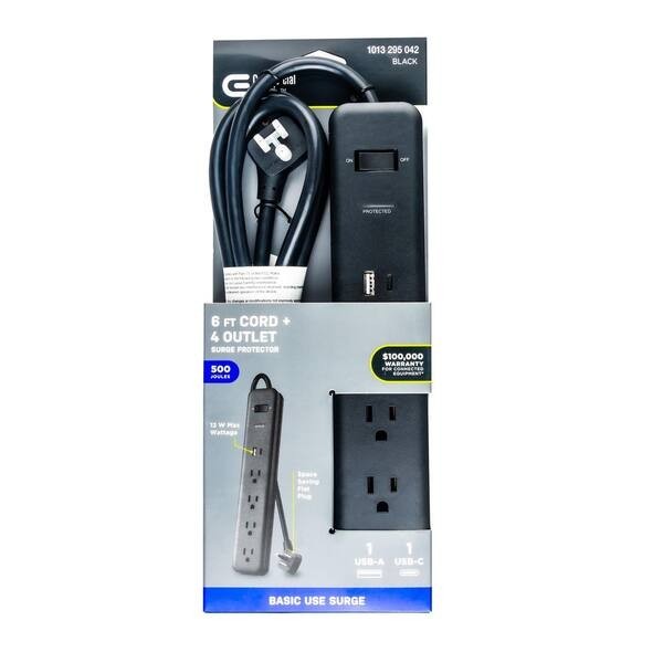 Commercial Electric 6 ft. 4-Outlet Surge Protector 1 USB-A 1 USB-C Free Shipping