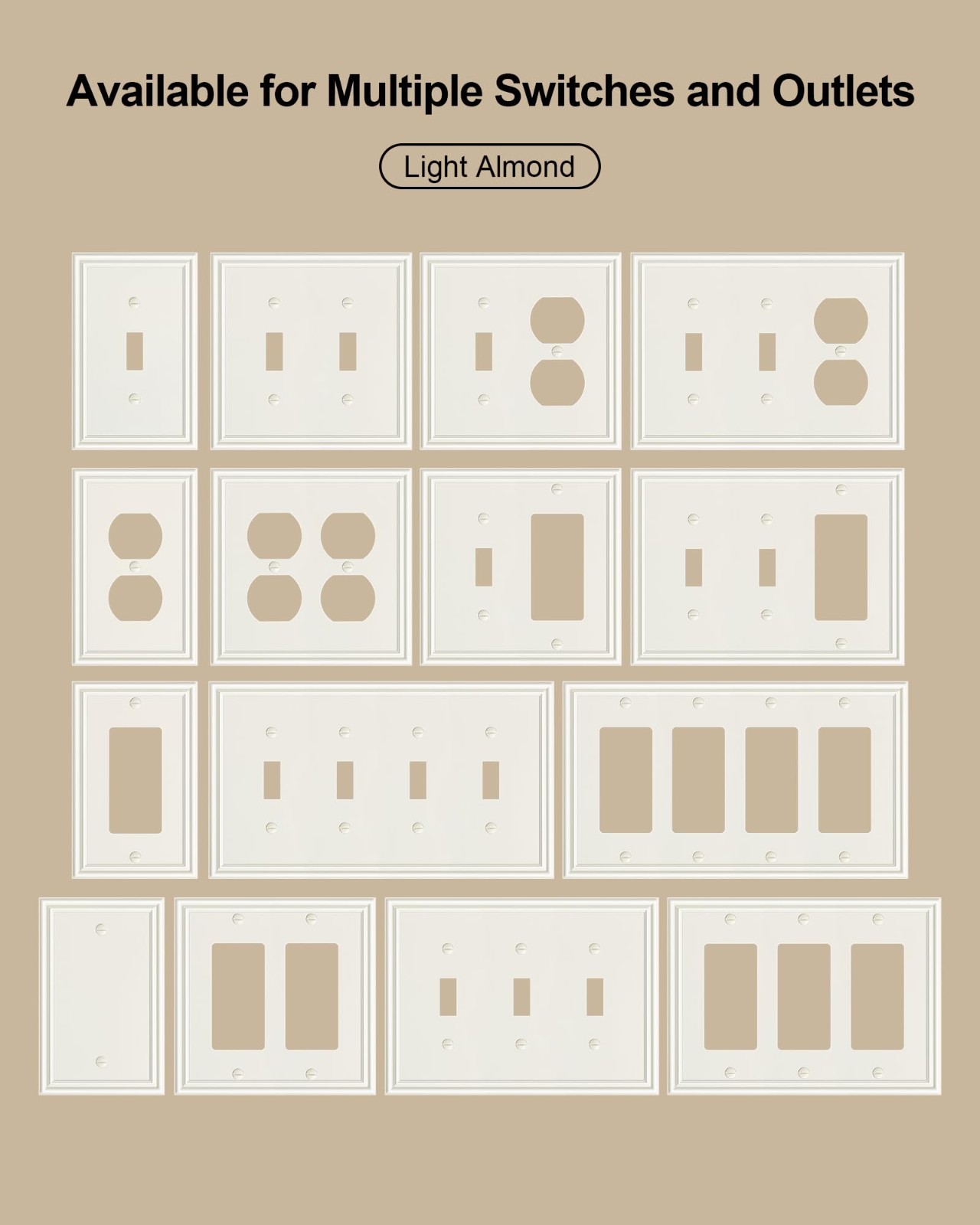 6-Pack Decorative Duplex Outlet Covers, Durable Zinc Alloy Light Almond Plates,