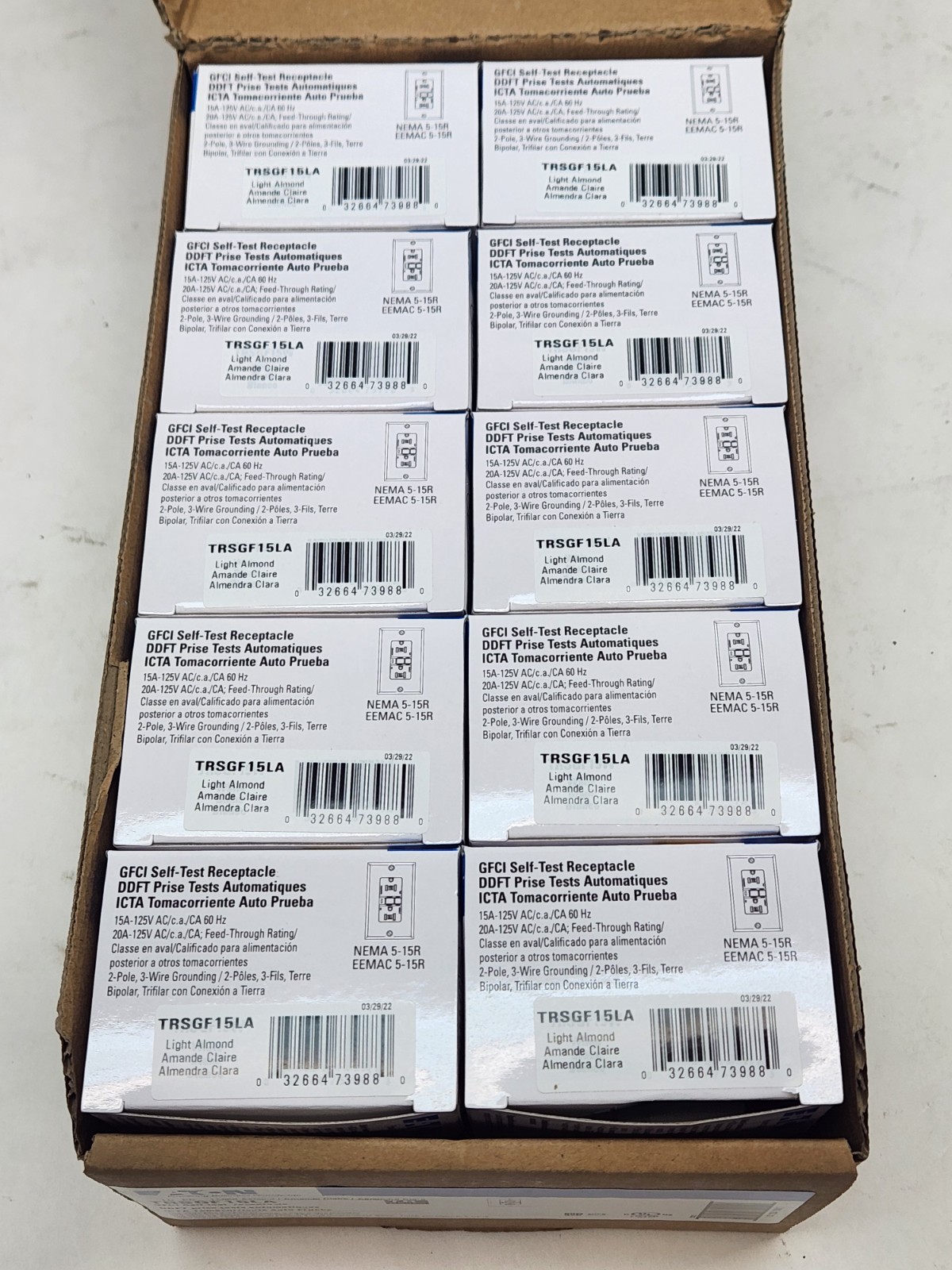 10 Pcs – Eaton TRSGF15LA Light Almond GFCI Self-Test Receptacle Outlet & Cover