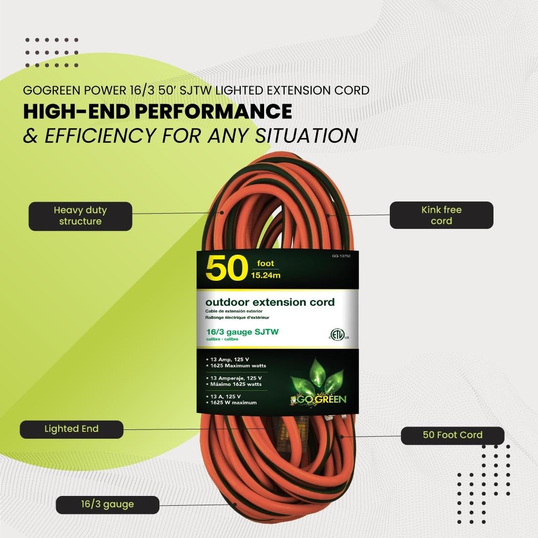 Power By GoGreen Go Green Inc. 16/3 50-Foot Outdoor 50 ft, Orange