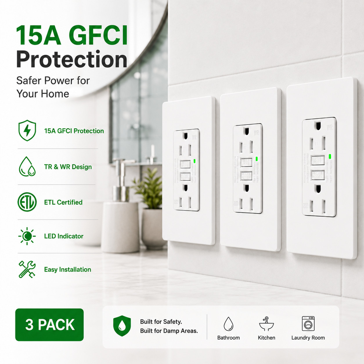15 Amp GFCI Outlet TR Weather Resistant Back & Side Wiring Easy Install ETL 3PK