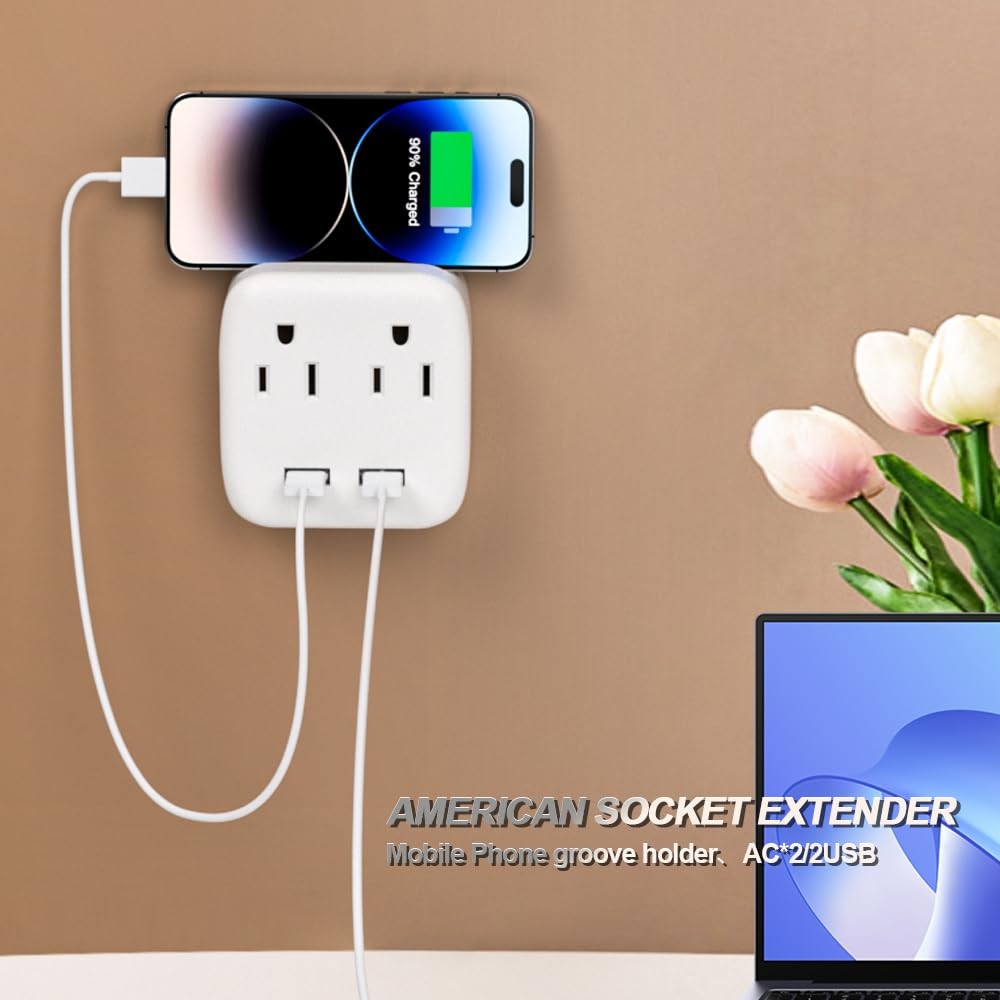 Multi Plug Outlet-2 AC Outlets and 2 USB Ports Charger Wall Plug Expander US