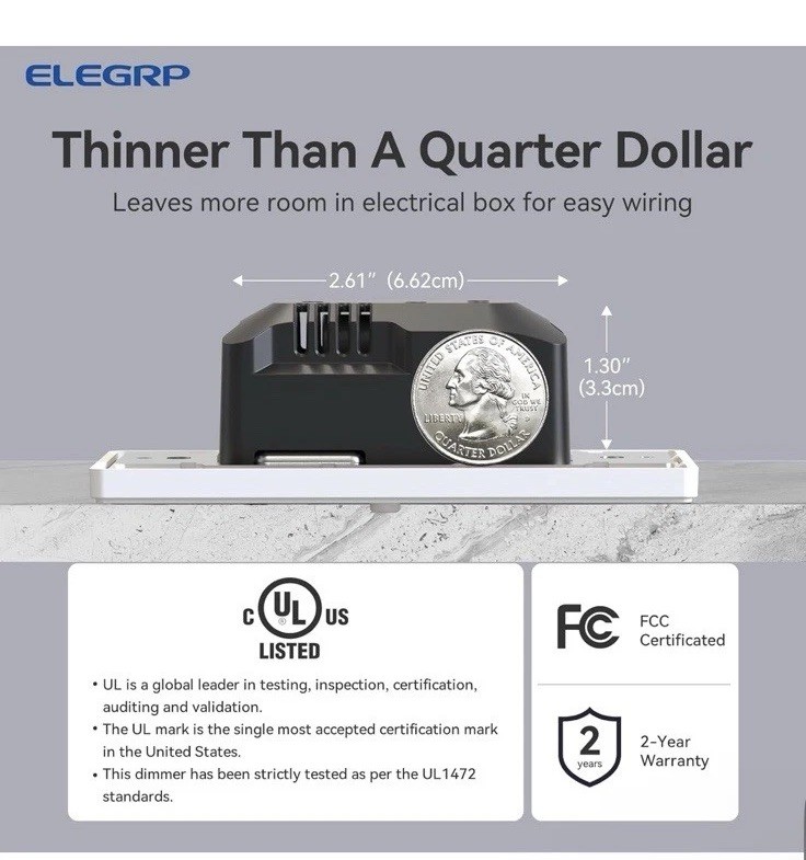 ELEGRP Slide Dimmer Switch for Dimmable LED, CFL and Incandescent DM17-WH6