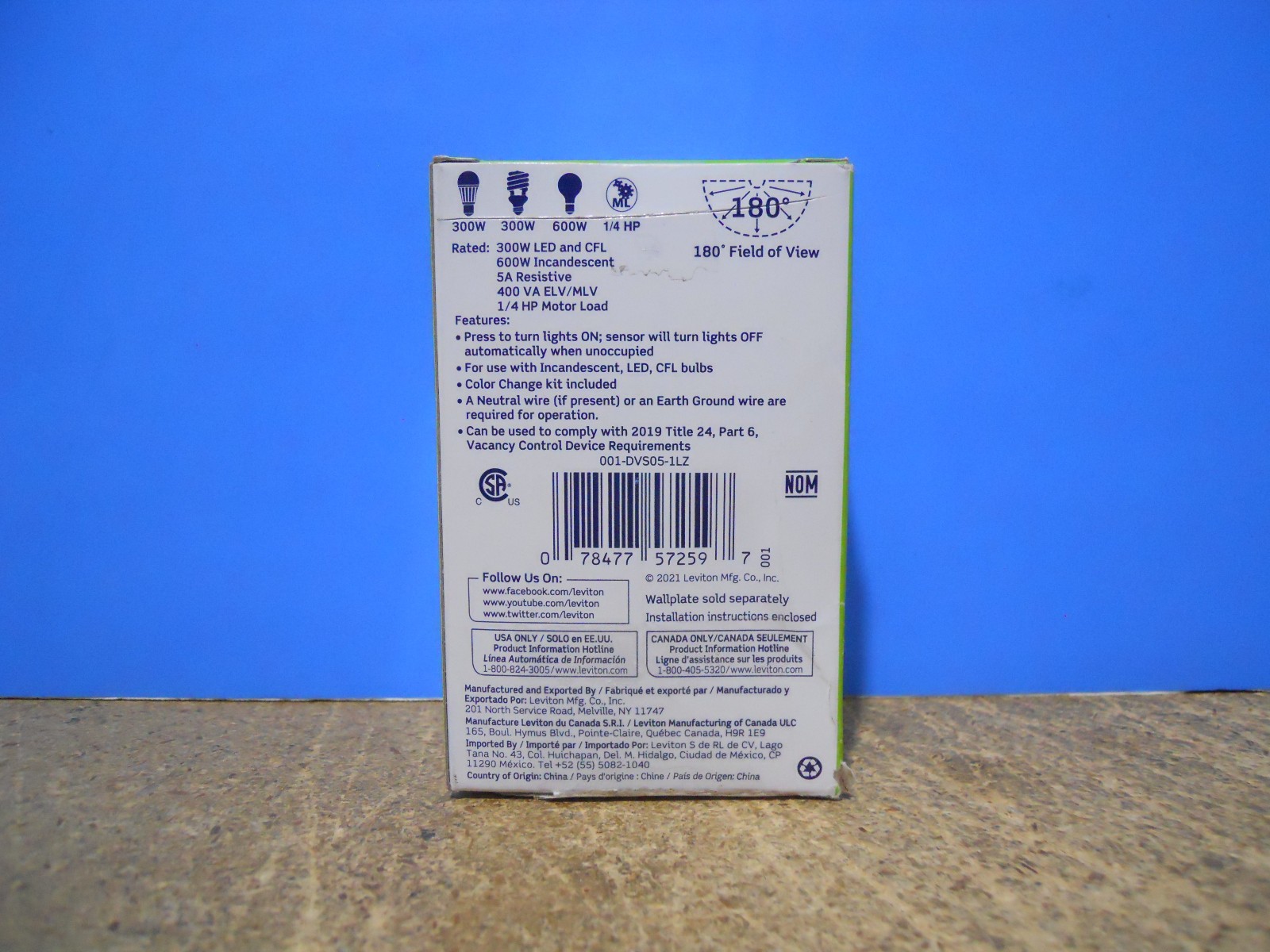 Leviton DVS05-1LZ Universal LED/CFL Manual-On Vacancy Sensor