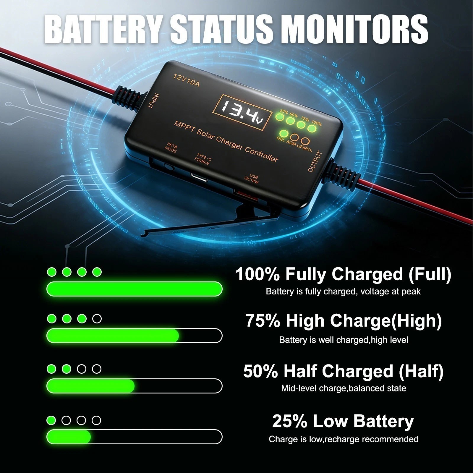 10A 12V MPPT MINI Solar Charge Controller with LCD for LiFePO4,AGM,Gel Battery