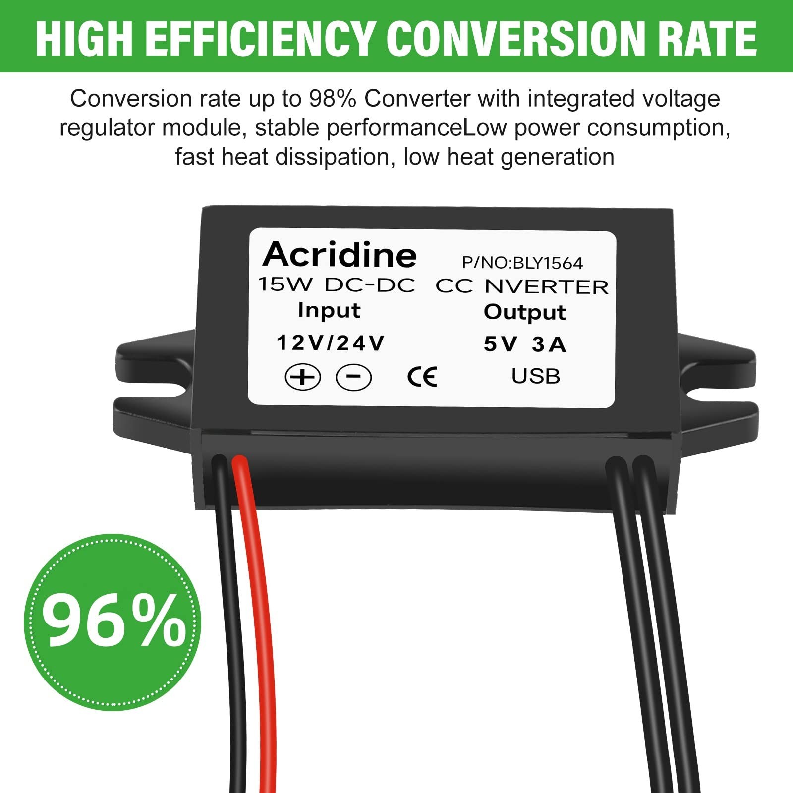 Acridine 12V 24V DC to 5V 3A USB Female Converter Adapter Buck Module Black