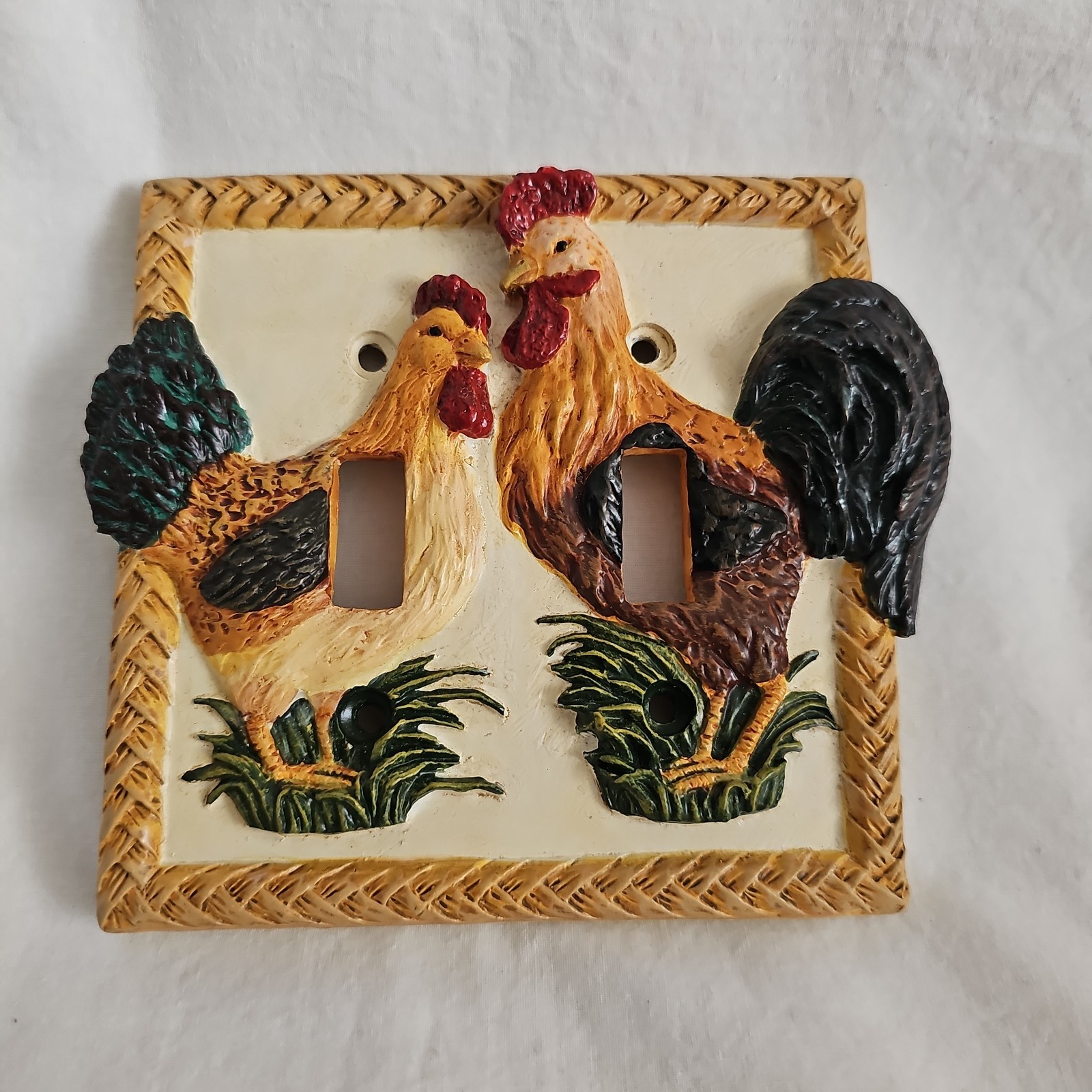 Vintage 3D Ceramic Colorful Rooster Hen Two Switch Plate Cover 4.75″ X 5.5″