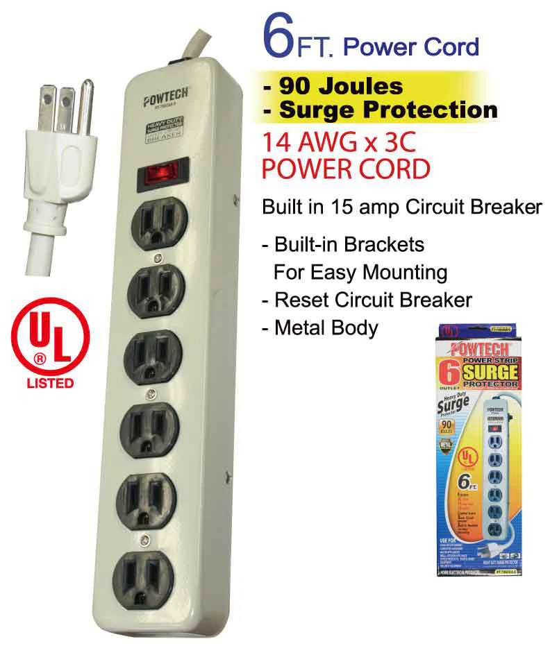 Heavy Duty Metal 6 Outlet Surge Protector 6ft Cord 90 Joules 15 Amps – UL Listed