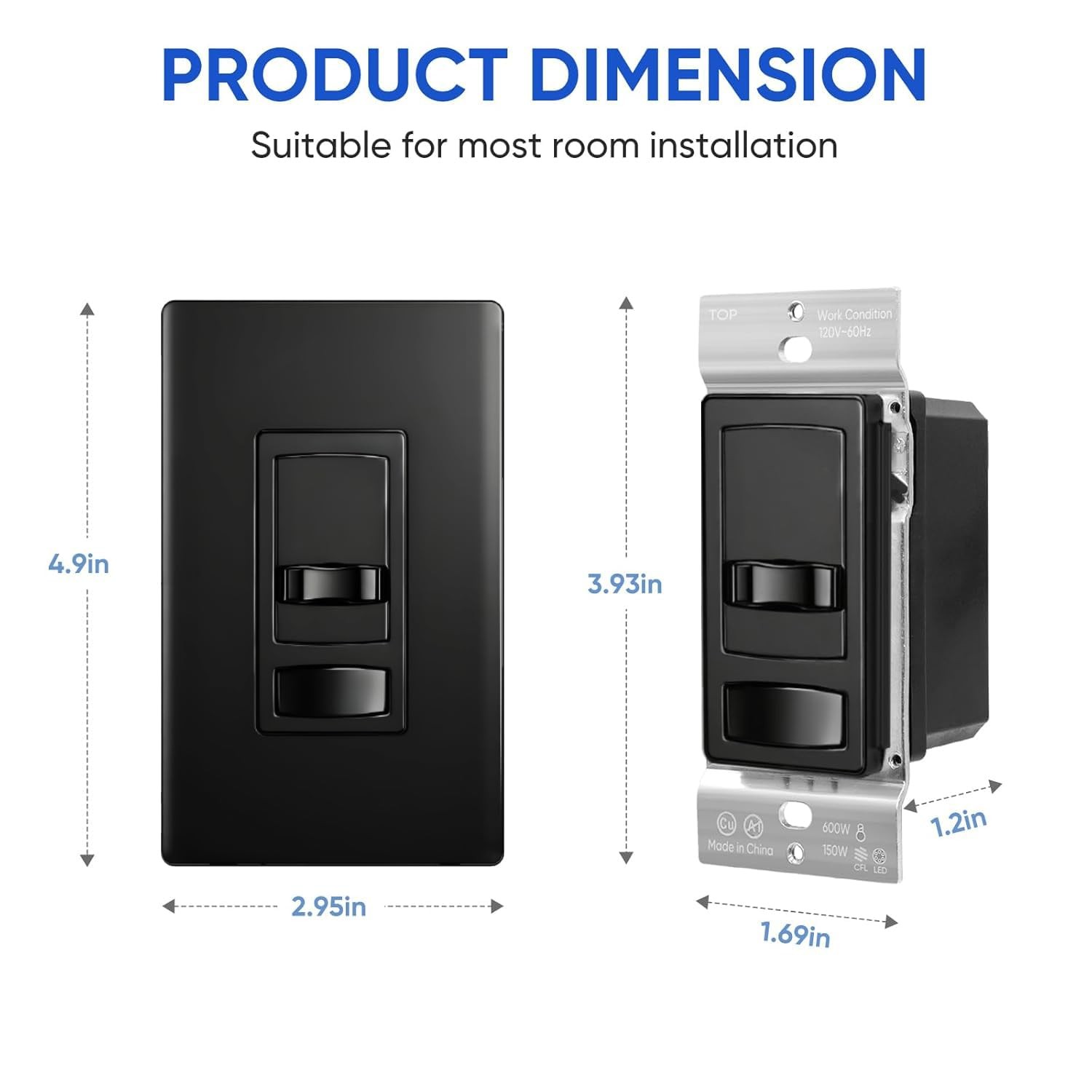Dimmer Light Switch, for 300W Dimmable LED/CFL Lights and 600W Incandescent/Halo