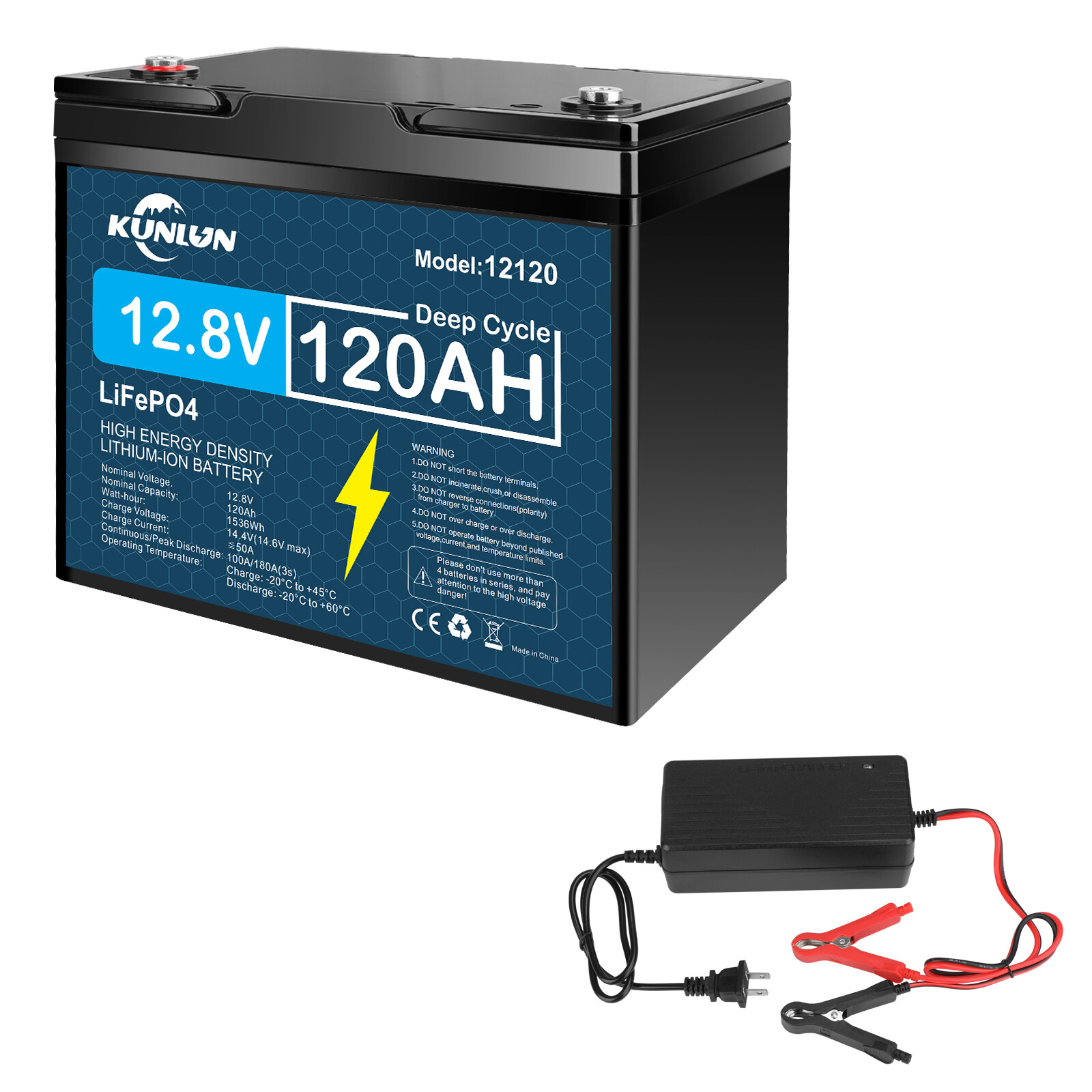 12V 120Ah LiFePO4 Lithium Battery with 10A Charger,Deep Cycle,for RV and Marine