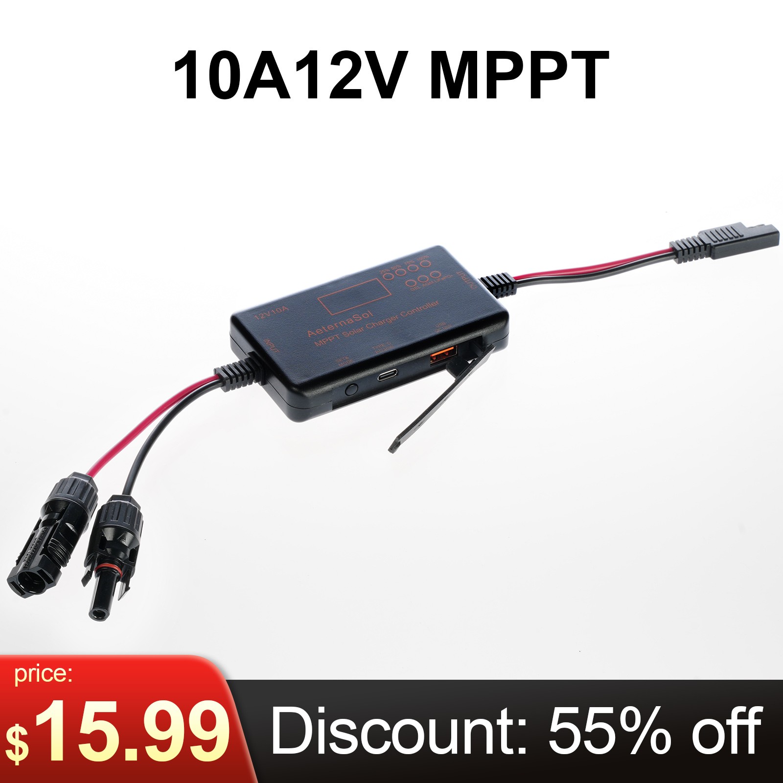 10A MPPT Solar Charge Controller 12V LCD Intelligent Regulator with Type-C&USB