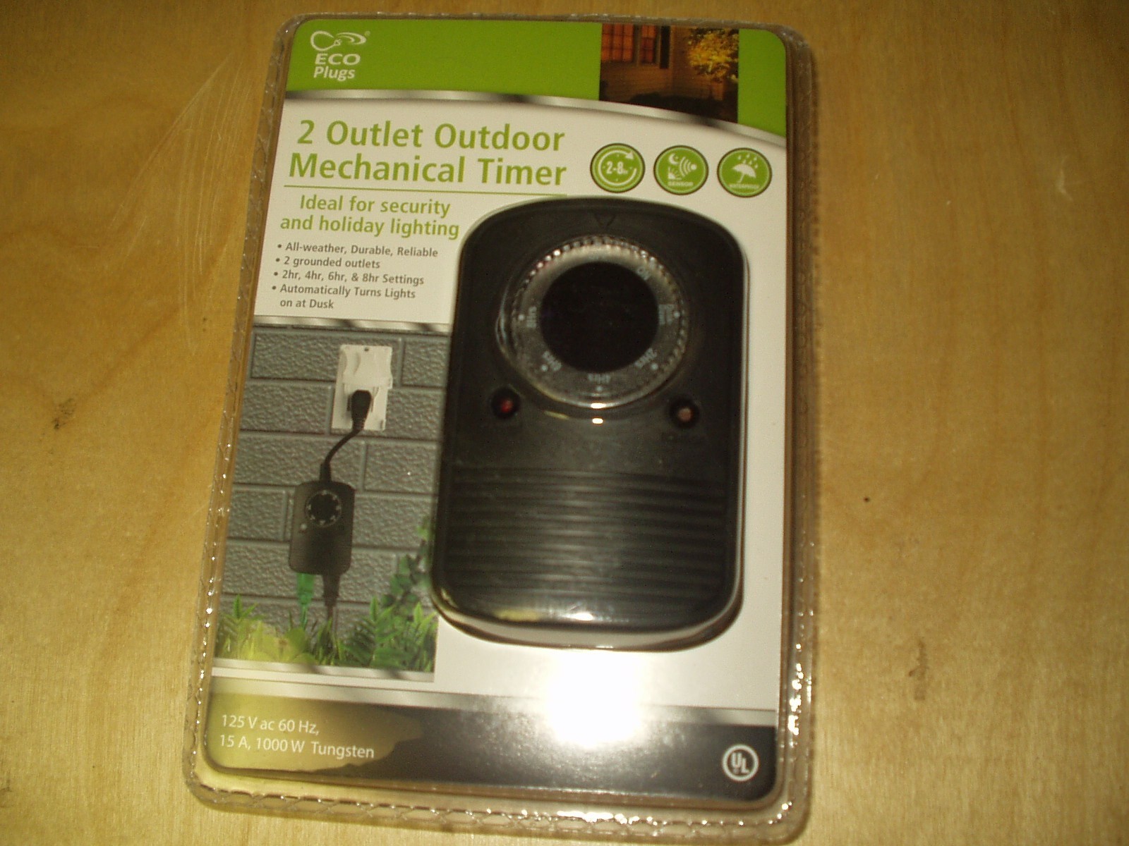 ECO Plugs Mechanical TIMER OUTDOOR 1000W 2 4 6 8 Hr. Dusk/Dawn 2 OUTLET 15 amp