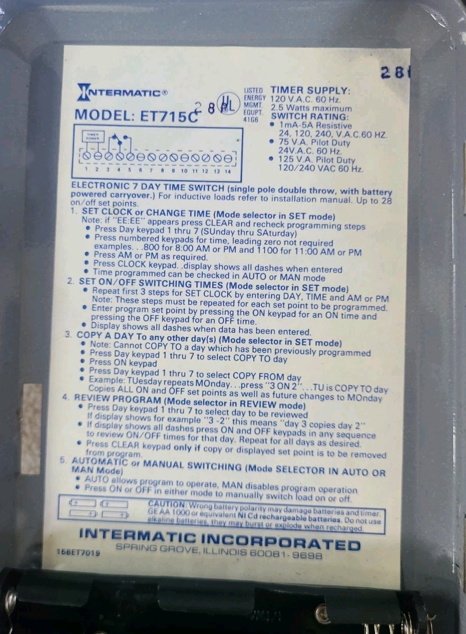 Intermatic ET715C Electronic 7-Day Timer Switch SPDT USA 24HR 120VAC – Works!