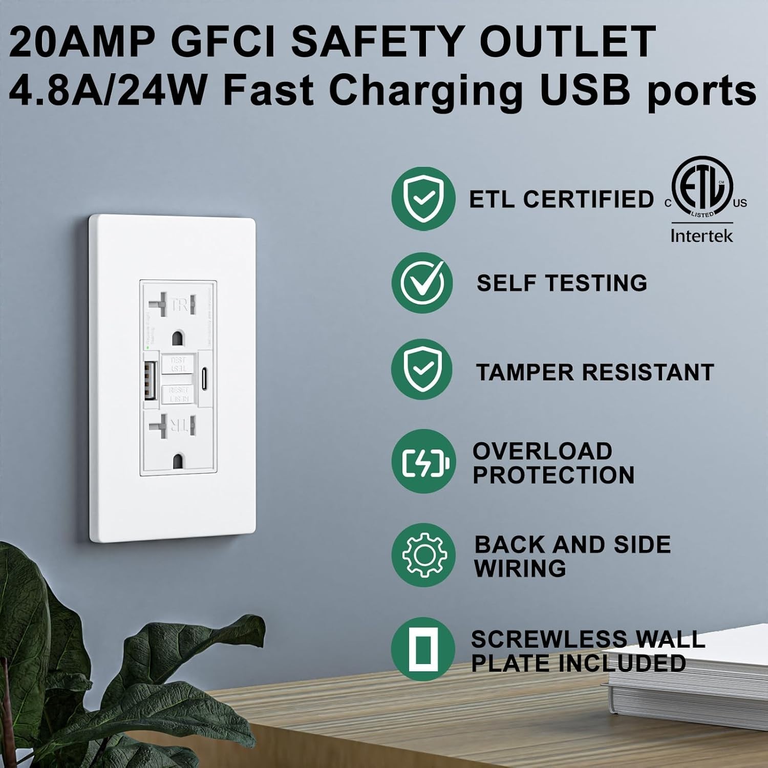 4Pack 20AMP GFCI Outlet with 4.8A/24W Type A & Type C USB Charging Port ETL List